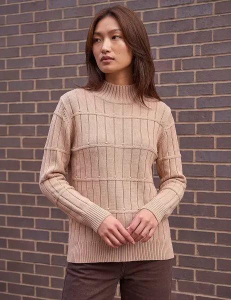 Roman Rayon Blend Embellished Ribbed Jumper Beige Mix