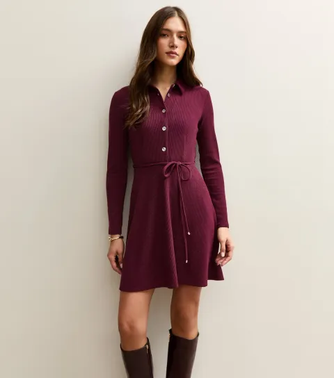Women's Dark Burgundy Button Through Collared Mini Dress