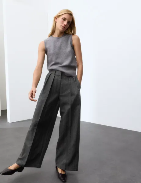 Autograph Pure Wool Herringbone Wide Leg Trousers Grey