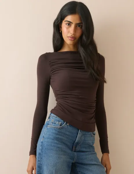 Nobody's Child Ruched Side Long Sleeve Top Brown