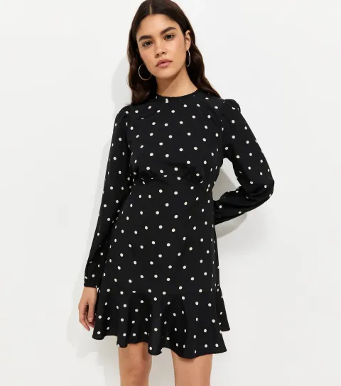 Women's Black Polka Dot Frill Neck Long Sleeve Mini Dress