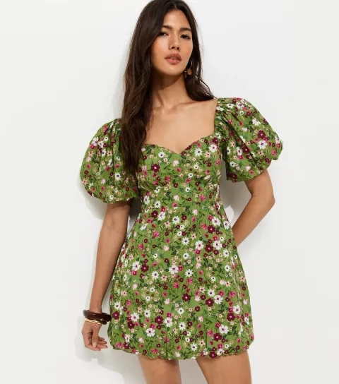 Women's Green Floral Print Milkmaid Mini Dress