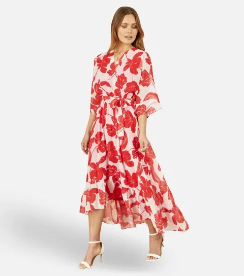 Women's Red Floral Print Wrap Style Midi Dress