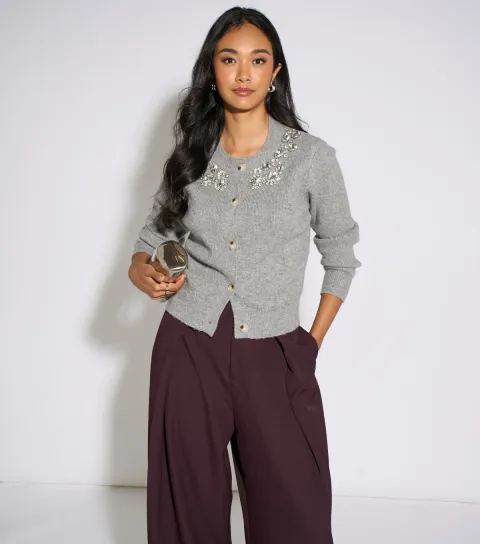 Gini London Women's Dark Grey Embellished Cardigan