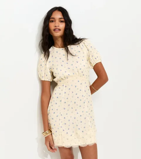 Women's Cream Ditsy Floral Puff Sleeve Mini Dress