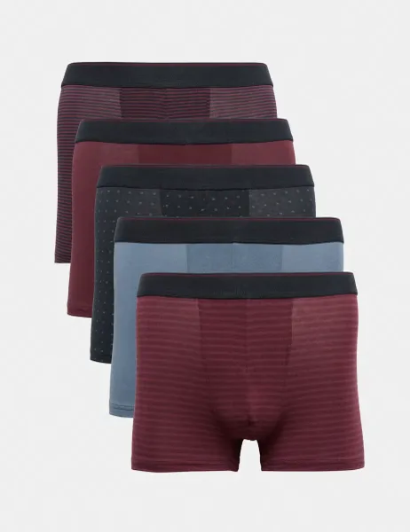 Marks & Spencer 5 Pack Cotton Stretch Striped Hipsters Burgundy Mix
