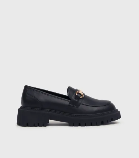 Women's Black Leather-Look Bar Trim Chunky Loafers
