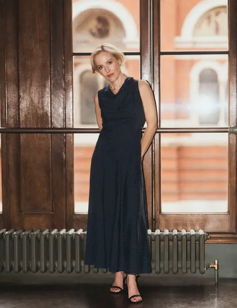 Marks & Spencer Lyocell Rich Checked Cowl Neck Midi Dress Navy Mix