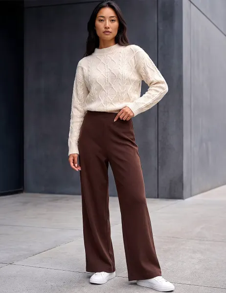 Petite Brushed Ribbed Wide Leg Trousers Chocolate
