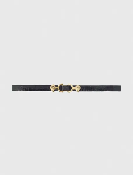Thin leather belt with lion bit
