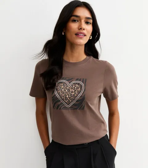Women's Brown Animal Heart Print T-Shirt