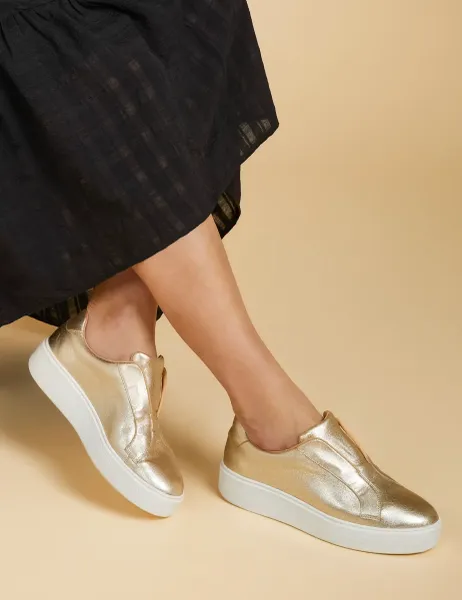 Jones Bootmaker Leather Slip On Platform Trainers Gold