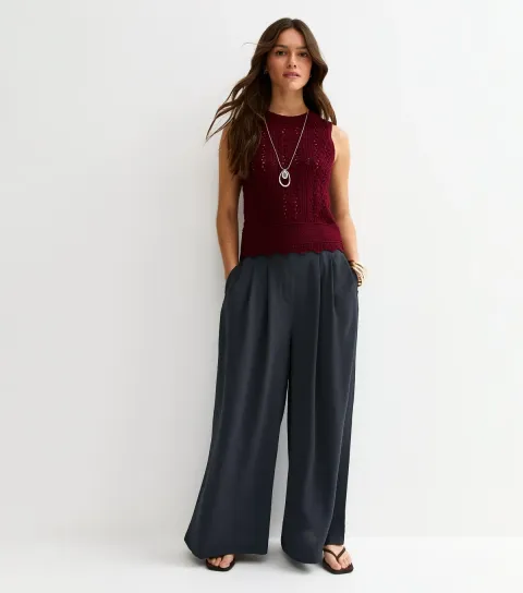 Women's Petite Navy Tailored Wide Leg Trousers