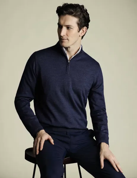 Charles Tyrwhitt Pure Merino Wool Half Zip Jumper Dark Navy