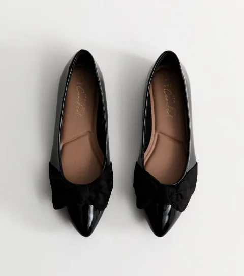 Women's Wide Fit Black Faux Patent Leather Bow Ballet Flats Vegan