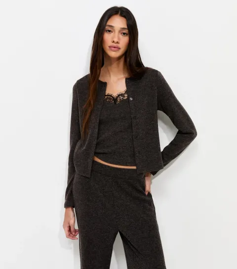 Women's Petite Dark Grey Soft Touch Lace Trim 2 In 1 Cardigan Top
