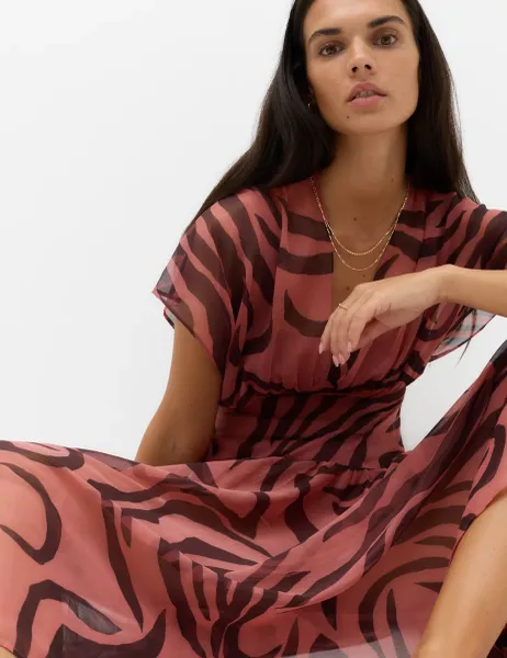 Marks & Spencer Sheer Animal Print V Neck Midi Beach Dress Terracotta Mix