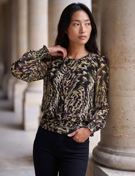 Roman Petite Mesh Printed Blouson Sleeve Top Green