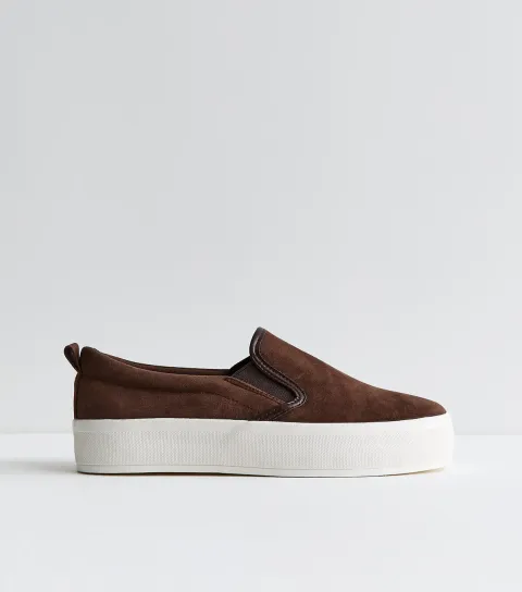 Women's Brown Faux Suede Slip On Trainers Vegan
