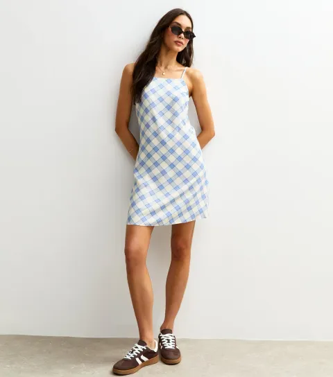 Women's Blue Check Print Shift Mini Dress
