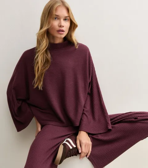 New Look Women's Dark Burgundy Soft Touch Ribbed Stand Neck Cape Sleeve Top