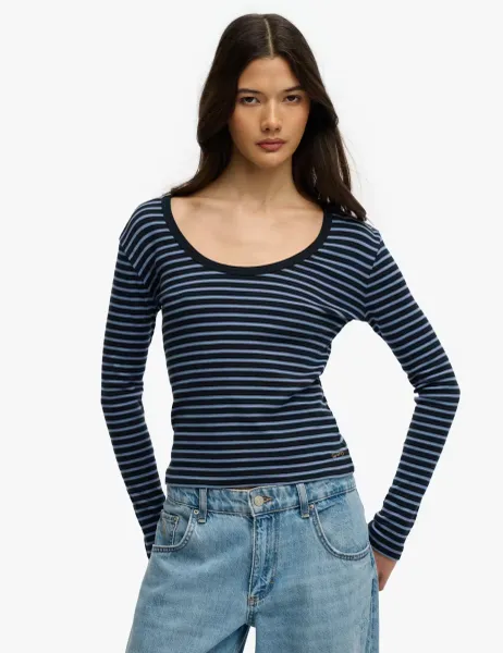 Superdry & Co Pure Cotton Striped Scoop Neck Top Navy Mix