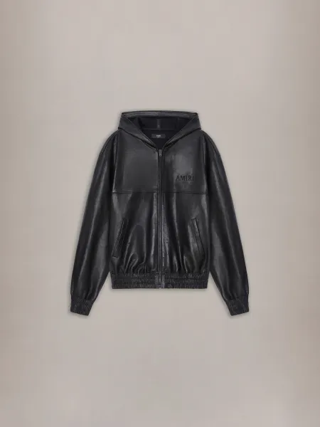 LEATHER OVERSIZED ZIP HOODIE - Black