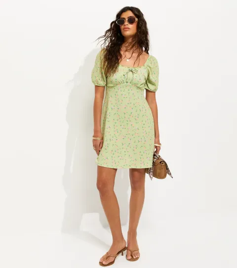 Women's Green Floral Lace Trim Milkmaid Mini Dress