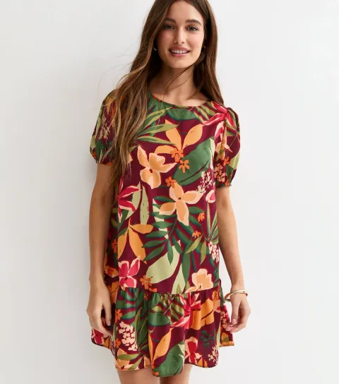 Women's Red Tropical Floral Mini Smock Dress