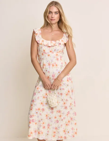 Nobody's Child X Elizabeth Scarlett Floral Scoop Neck Midaxi Tea Dress Yellow