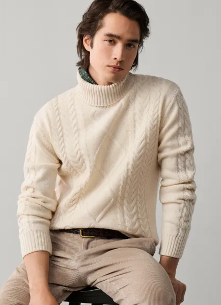 Wool-Cashmere Argyle Cable Roll Neck Jumper