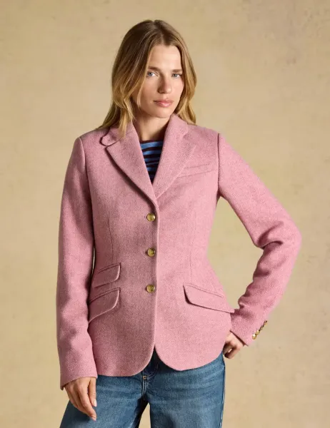 Joules Wool Blend Tweed Herringbone Blazer Pink Mix