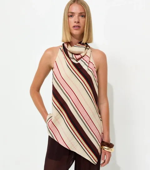 Women's Pink Crinkle Texture Diagonal Stripe Cowl Neck Halter Top