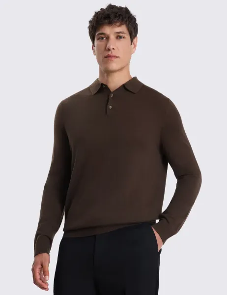 Moss Merino Wool Rich Knitted Polo Shirt Brown