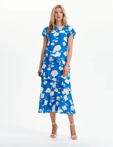 Finery London Floral Round Neck Ruffle Midi Waisted Dress Blue Mix