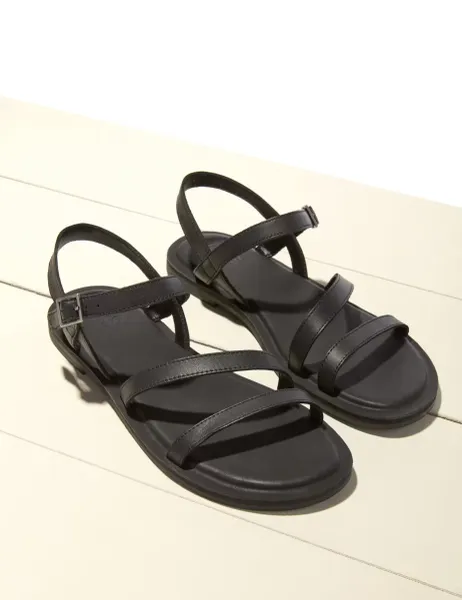 TOMS Leather Strappy Flat Sandals Black