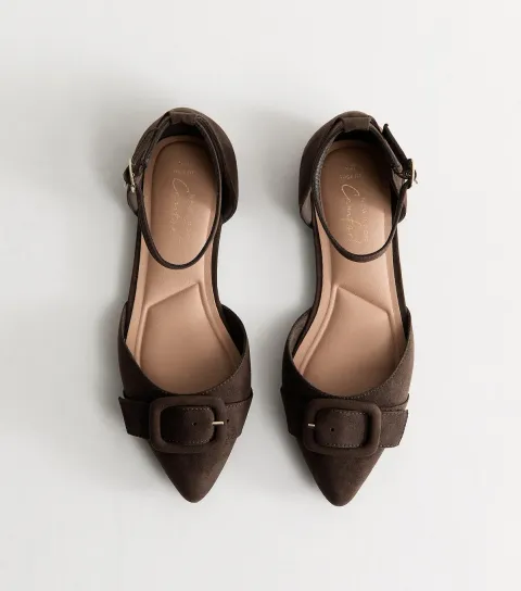 Women's Wide Fit Dark Brown Faux Suede Pointed Mary Jane Pumps Vegan