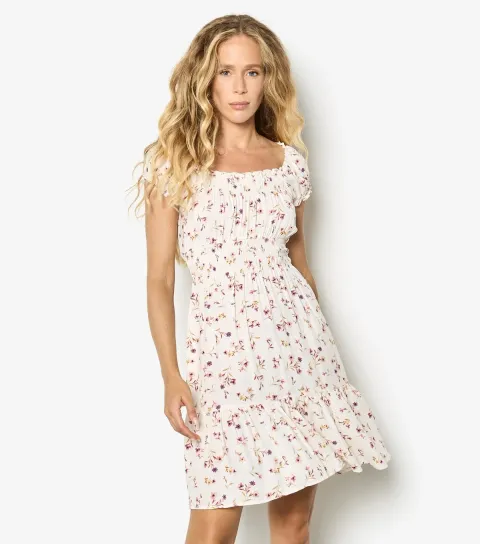 Women's Cream Floral Print Milkmaid Mini Dress