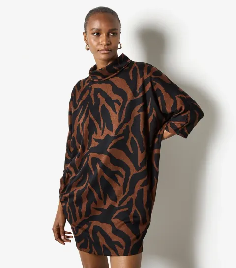 Women's Brown Zebra High Neck Cocoon Dress
