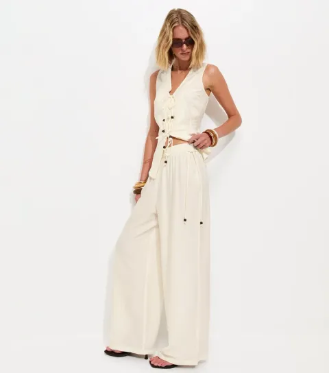 Women's Off White Beaded Tie Wide Leg Trousers