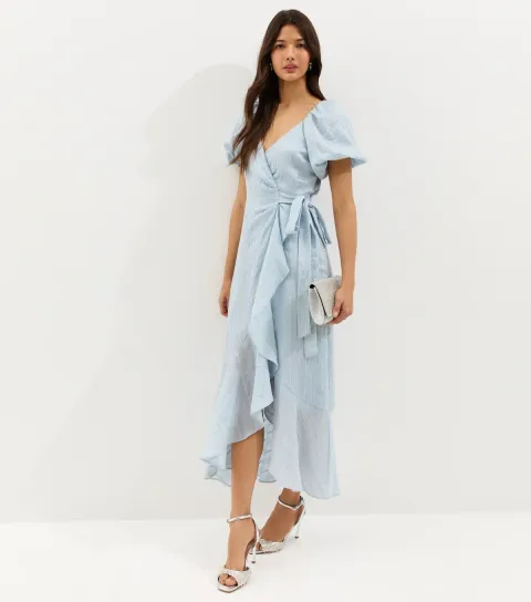 Women's Light Blue Textured Ruffle Trimmed Wrap Midi Dress