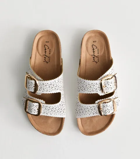 Women's White Lazer Cut Faux Leather Sandals Vegan