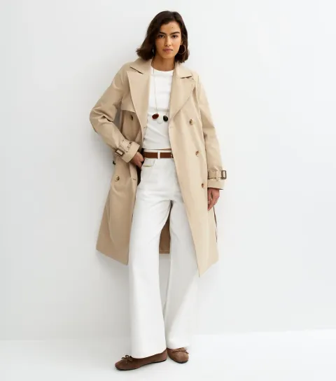Women's Stone Double Breasted Belted Trench Coat