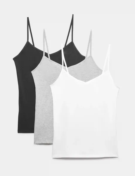 Marks & Spencer 3pk Cotton Rich Strappy Vests Dark Grey Mix