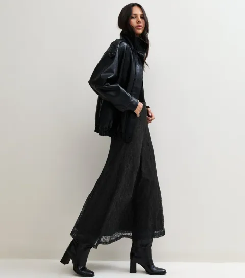 New Look Women's Black Floral Lace Midi Skirt