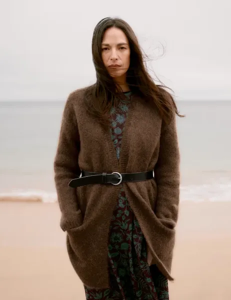 Seasalt Cornwall Textured Longline Cardigan with Wool & Mohair Brown