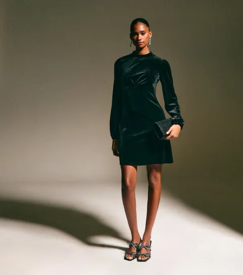 Women's Black Velvet High Neck Long Sleeve Mini Dress
