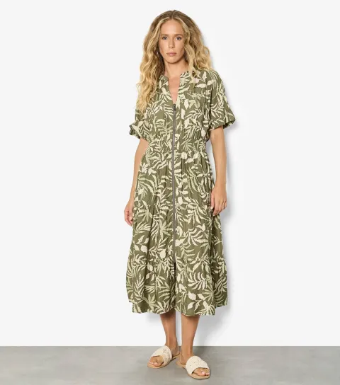 Women's Light Khaki Palm Print Zip Front Midi Dress