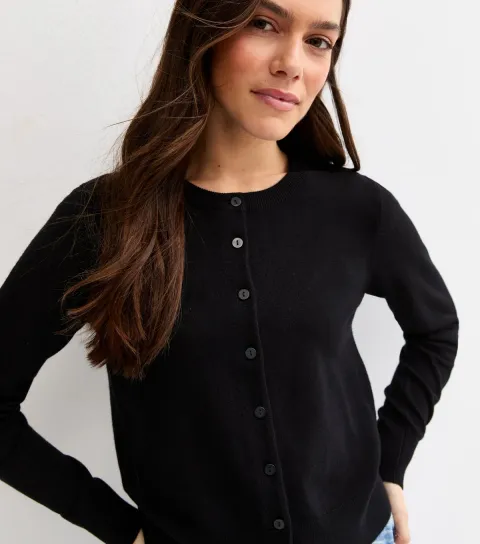 Women's Petite Black Lightweight Jersey Crew Cardigan