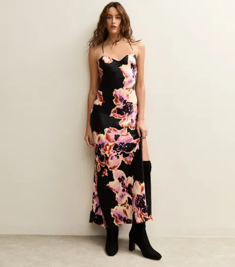 Women's Black Floral Print Low Back Midi Dress